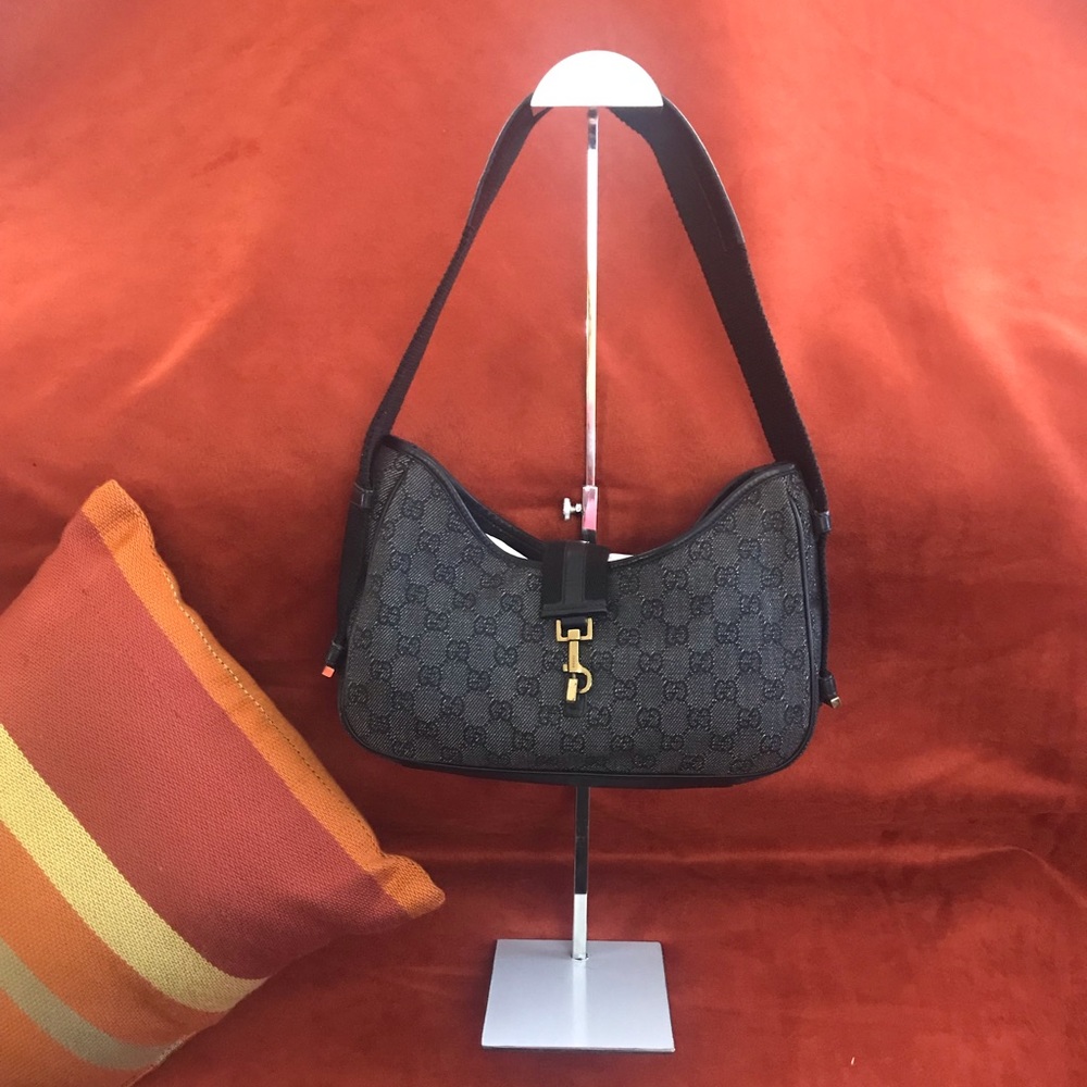 Gucci Jackie GG Denim Canvas Black Leather Trim Shoulder Bag Gold Piston Closure